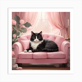 Cat Nap Tuxedo Cat Napping In Pink Interior Art Print 4 Art Print