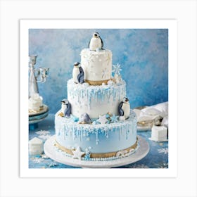 Penguins March Around The Base Of A Tiered Cake Decorated In Shades Of Cool Blue And White Adorned Art Print