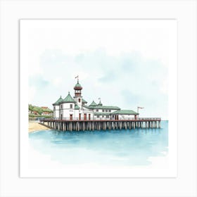 Watercolor Of The Mumbles Pier In Swansea, Capturing Its Charming Seaside Structure And Surrounding Views Art Print