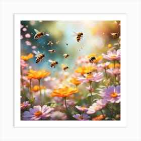 Bees Flying Over Flowers Art Print