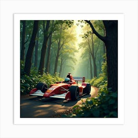 Formula Car Racing Through A Dense Forest, Sunlight Peeking Through The Trees 1 Art Print