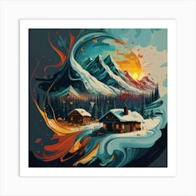Abstract painting of a mountain village with snow falling 24 Art Print