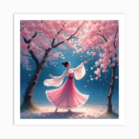 A Graceful Japanese Dancer Performing Beneath Cherry Blossom Trees At Night, Soft Hues, Watercolor Art Print