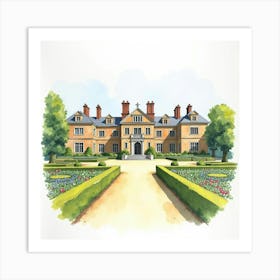 Watercolor Illustration Of The Petworth House In West Sussex, Featuring Its Grand Architecture And Extensive Gardens Art Print