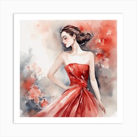 Watercolor Girl In Red Dress Art Print