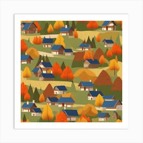 Autumn Village Seamless Pattern Art Print