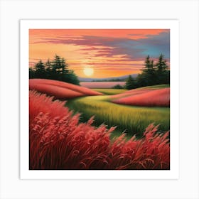 A serene and vibrant landscape depicting a lush green field swaying gently in the morning breeze Art Print