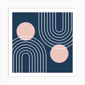 Mid Century Modern Geometric In Navy Blue And Pastel Pink (Rainbow And Sun Abstract) 02 Art Print