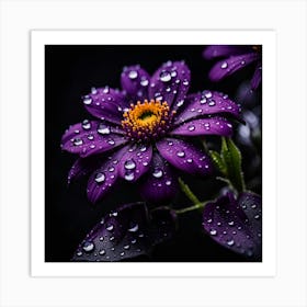 Purple Flowers With Raindrops Art Print