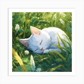 White Cat Sleeping In The Grass Art Print