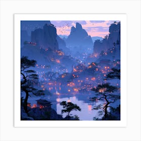 Chinese Village At Dusk Art Print