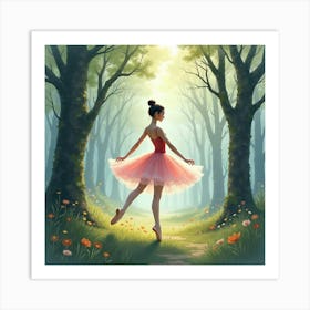 Graceful Ballerina In A Watercolor Misty Forest 1 Art Print