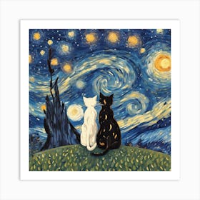 Starry Night Cats 13 Art Print