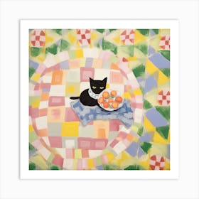 Pastel Colours Black Cat In A Picnic Blanket 1 Art Print