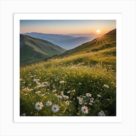 A Lush Green Mountain Filled With Blooming Wildflowers Basks In Warm Sunlight Under A Clear Blue Sky, Its Natural Beauty Portrayed Serenely 4 Art Print