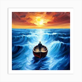 Man In Boat At Sunset Art Print