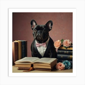 French Bulldog With Book And Flowers Art Print