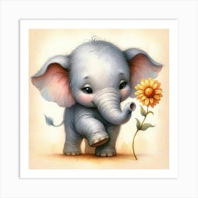 Little Elephant With A Flower Art Print