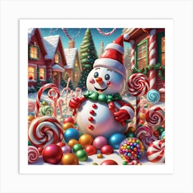 Snowman With Candy Canes Art Print