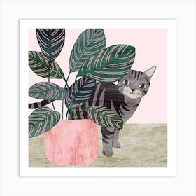 Tabby Cat And Calathea Square Art Print