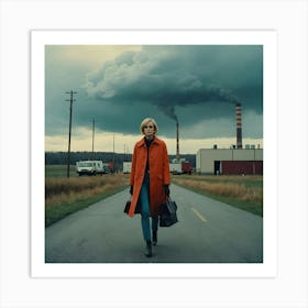 Woman Walking Down A Road Out The Factory Art Print