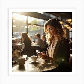 Modern Woman Engages With A Sleek Smartphone At A Bustling Coffee Shop Surrounded By The Hazy Glow (2) Art Print