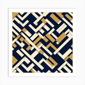 Mid Century inspired Seamless Pattern, Simple Shapes Of Geometry, Flat Art, Deep Navy Blue and Mustered yellow, 203 Art Print
