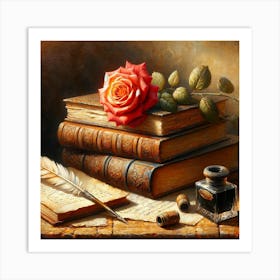 Rose And Books Art Print