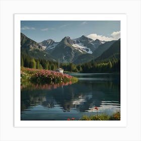 Mountain Lake With Flowers Art Print