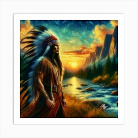 Oil Texture Native American Warrior By Stream 5 Art Print