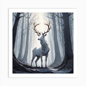 A White Stag In A Fog Forest In Minimalist Style Square Composition 60 Art Print