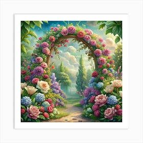 A Flower Archway In A Garden With A Path Leading Into The Distance Art Print