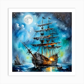 Ship At Night Art Print