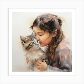 Little Girl Kissing Cat Art Print