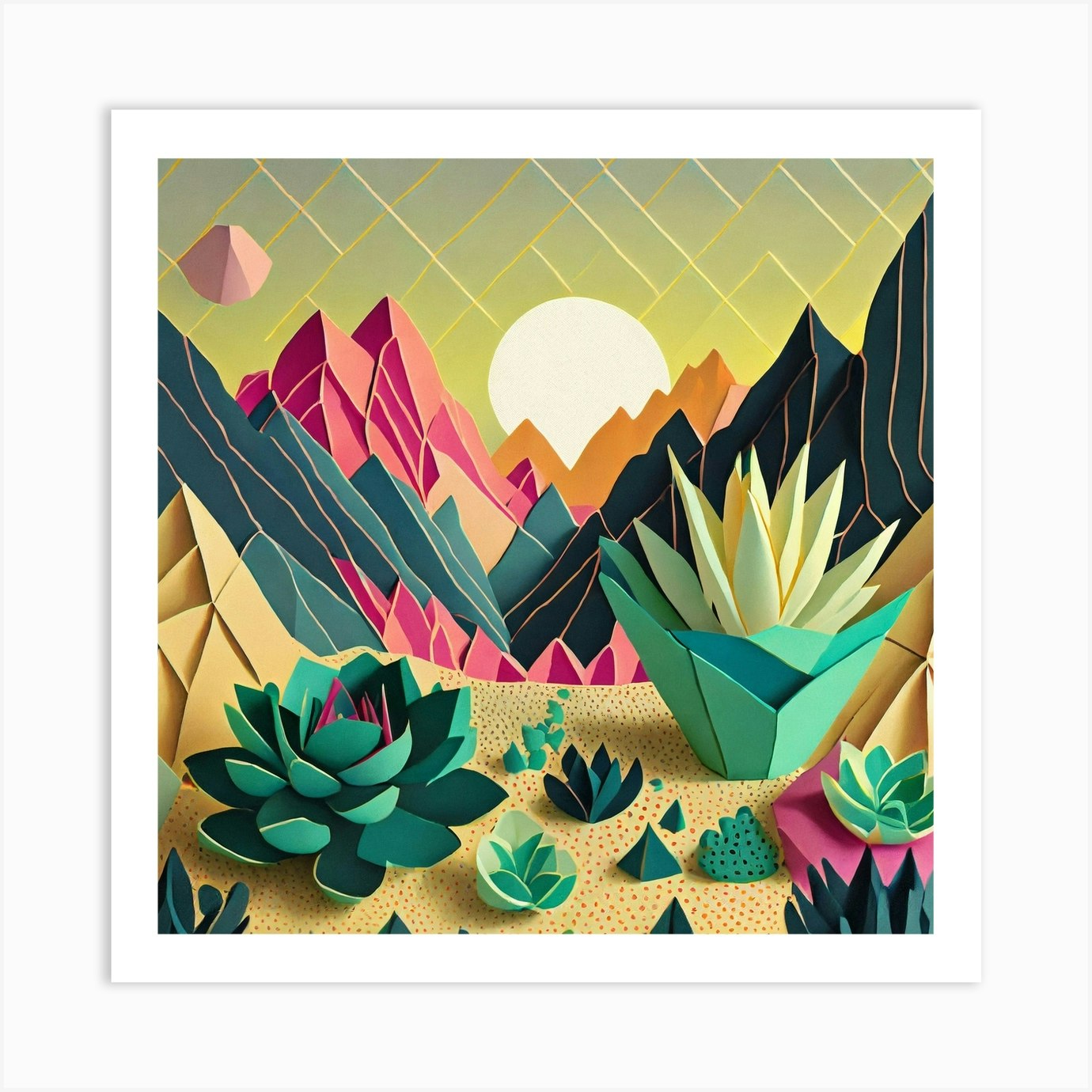 Firefly Beautiful Modern Abstract Succulent Landscape And Desert Flowers  With A Cinematic Mountain V (9) Art Print by Moriah Dawn Designs - Fy