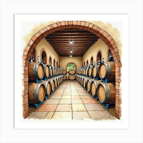 Spanish Wine Cellar With Watercolor Details Of Wooden Barrels And Bottles Art Print