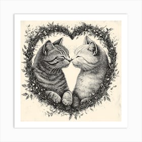 Delicate Ink Drawing of Cats Love Heart 7 Art Print