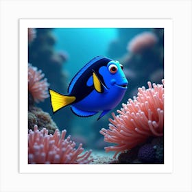 Vibrant Blue Tang Fish Swimming Among Anemones 1 Art Print