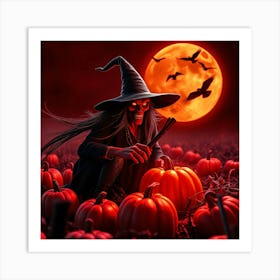 Witch On Pumpkin Field With Red Moon -Diverse Art Illustration 36 Art Print