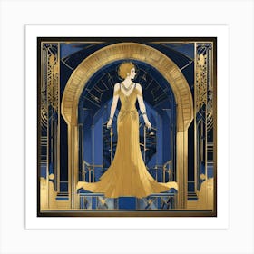 Art Deco Illustrations Blue Gold Art Print