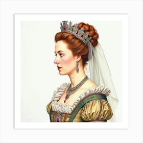 Elegant Watercolor Portrait Of Queen Elizabeth I, With Intricate Historical Details 1 Art Print