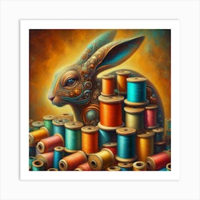 Rabbit and spools of thread 3 Art Print