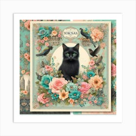 Black Cat With Roses Art Print