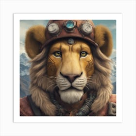 Close Up Portrait, Anthropomorphic Lion Mountaneer Wearing An Expedition Outfit, In The Himalayas, I Art Print