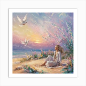 Doves On The Beach 3 Art Print