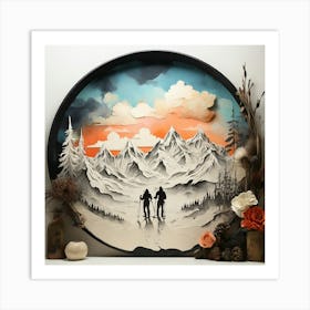 Boho art silhouette of Mountains and skiers Art Print