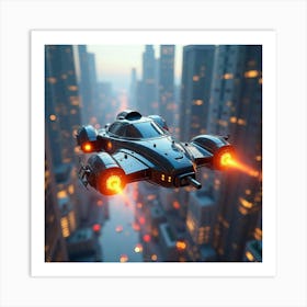 Futuristic Flying Car With Glowing Thrusters, Soaring Through A Vibrant Metropolis 1 Art Print