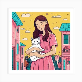 Asian Girl With Cat Art Print