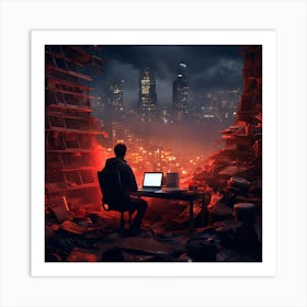 Man Working On A Laptop In A City Art Print