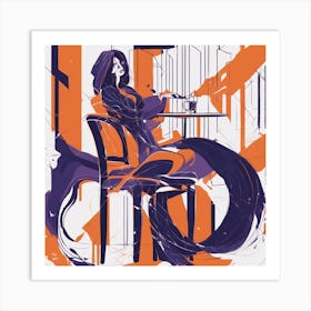 Drew Illustration Of Woman On Chair In Bright Colors, Vector Ilustracije, In The Style Of Dark Navy Art Print